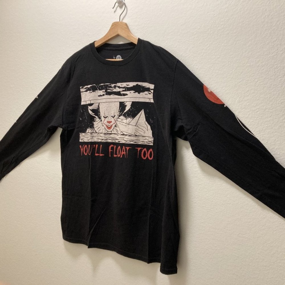 IT Pennywise YOU'LL FLOAT TOO Graphic Print Large Long Sleeve Black T-shirt